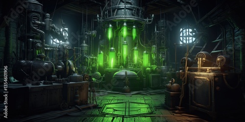 Mysterious Lab Industrial setting with complex machinery glowing in green in an old workshop