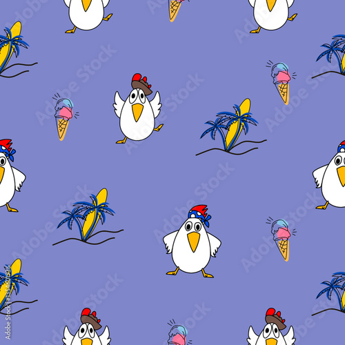 seamless summer vector pattern with cartoon chicken.