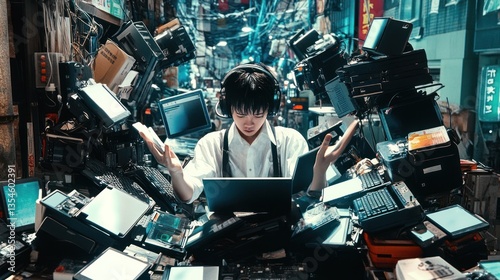 Young Man Surrounded By A Pile Of Old Computers