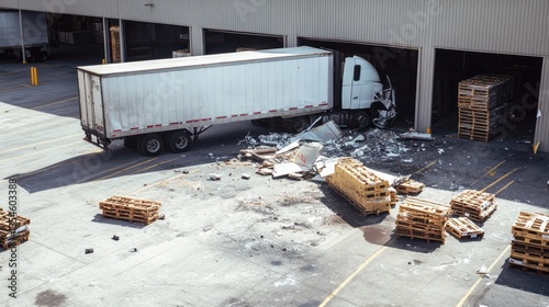 Damaged Semi Truck Inside Warehouse Loading Dock