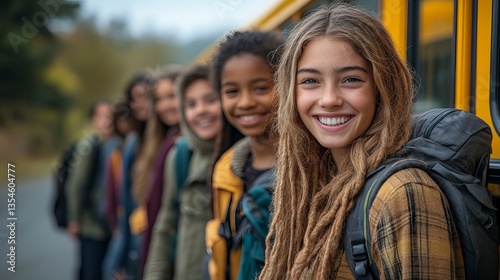 School Children Lined Up to Board Yellow Bus  Happy Students, Back to School, and Friendship Moment