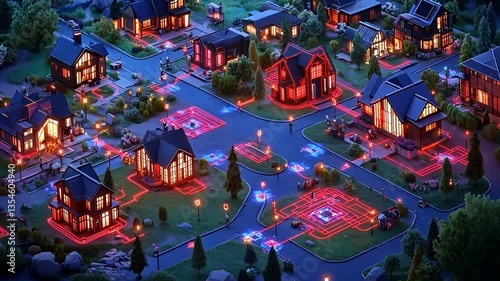Smart Neighborhood with Digital Infrastructure at Night

