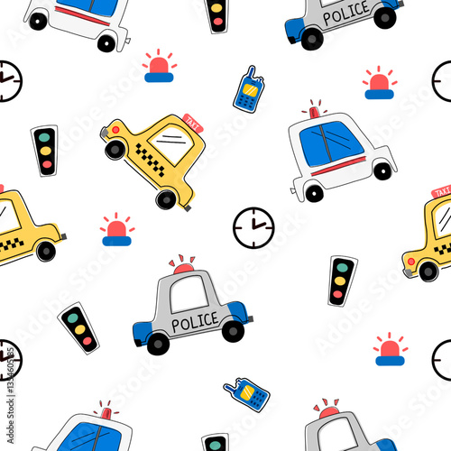 car cartoon pattern design concept.Taxi, police car ,traffic light ,ambulance car pattern