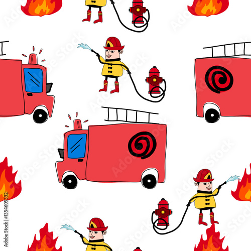 Cartoon pattern.Fire collection.firefighter pattern.Fire truck and equipment pattern