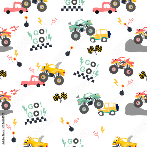 Monster truck  cartoon pattern design .monster truck pattern for kids clothing, printing, fabric ,cover.Monster car seamless pattern.fun pattern