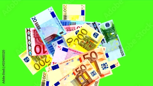 Euro money. Paper bills. Fountain. Chroma key Green