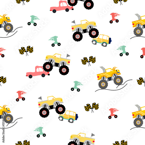 Monster truck  cartoon pattern design .monster truck pattern for kids clothing, printing, fabric ,cover.Monster car seamless pattern.fun pattern