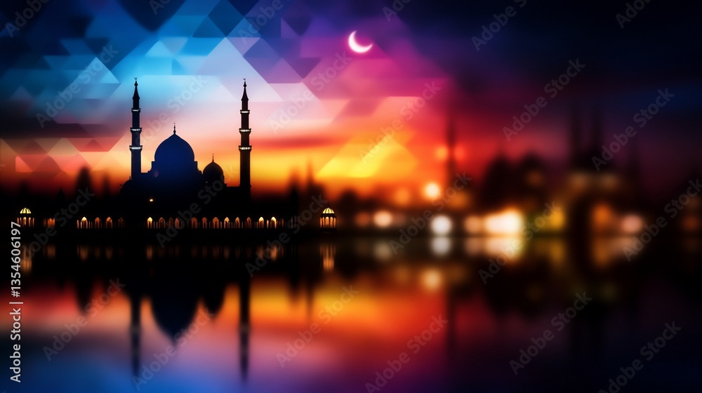 Fototapeta premium Silhouette of a Mosque Reflecting on Water at Night Under a Crescent Moon