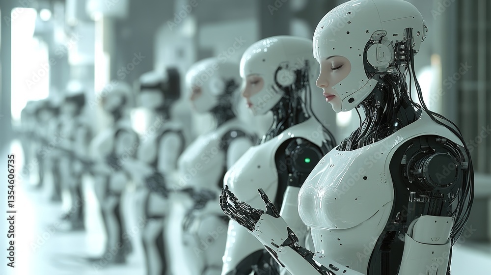 Fototapeta premium Workers and robots collaborating in an advanced manufacturing plant.