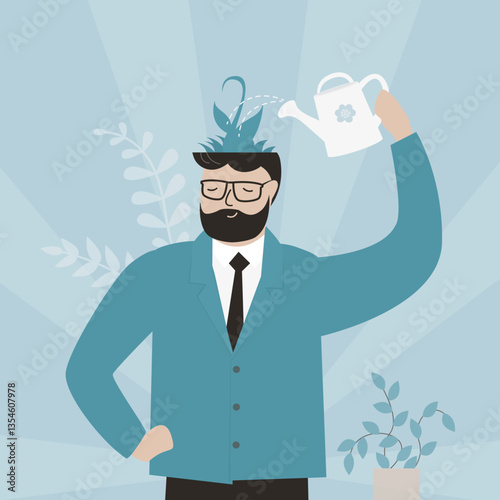 Positive thinking. Personal change. Thinking guy. Mindset development. Young man watering flowers on his head. Mental health and well being. Emotional stability and good mood.