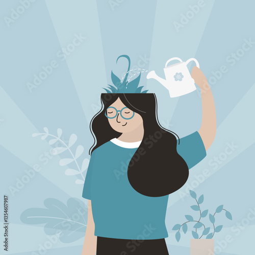 Positive thinking. Personal change. Thinking girl. Mindset development. Young woman watering flowers on her head. Mental health and well being
