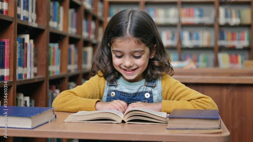 Smiling young girl happily reading a book at a library table surrounded by shelves full of books. Concept of enjoyment in reading and educational discovery. Smiling young girl happily reading a book at a library table surrounded by shelves full of books. Concept of enjoyment in reading and educational discovery.