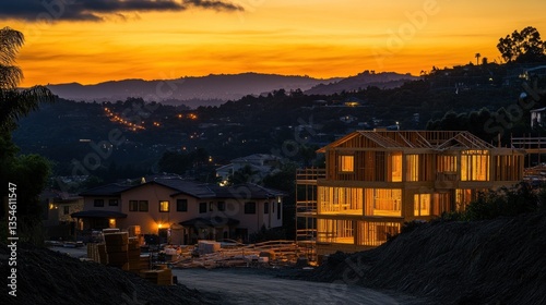 Sunset illuminates a new house under construction in a hillside neighborhood