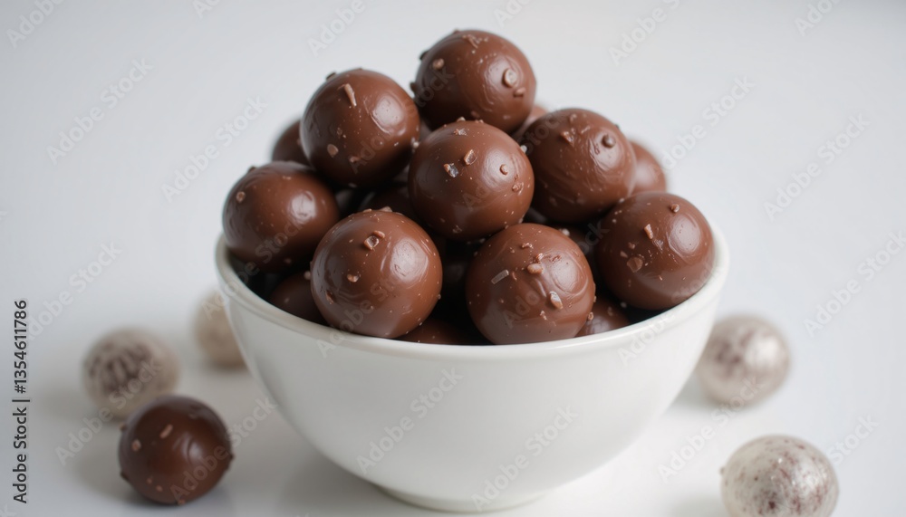 Chocolate Truffles in White Bowl, Delicious chocolate truffles in a bowl. Sweet treat, dessert. Chocolate Truffles in White Bowl, Delicious chocolate truffles in a bowl. Sweet treat, dessert.