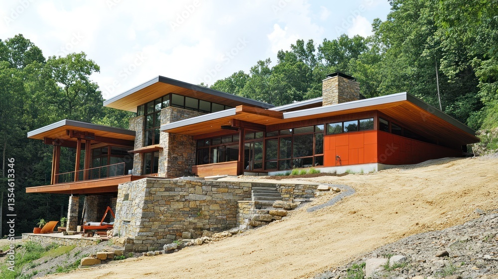 Modern hillside home nestled amongst lush green trees Modern hillside home nestled amongst lush green trees