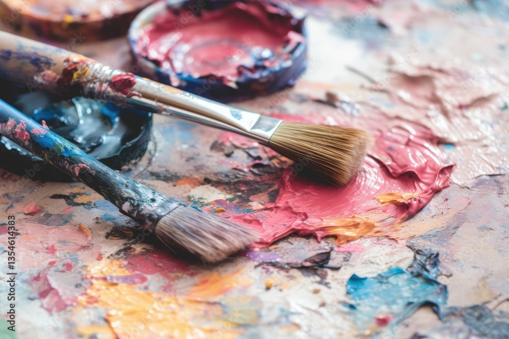 Obraz premium Paintbrushes Resting on Colorful Palette; Art Supplies; Studio; Colorful Background