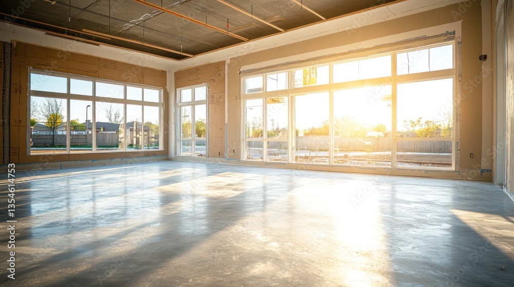 Fototapeta premium Sunlit Empty Room Under Construction With Large Windows