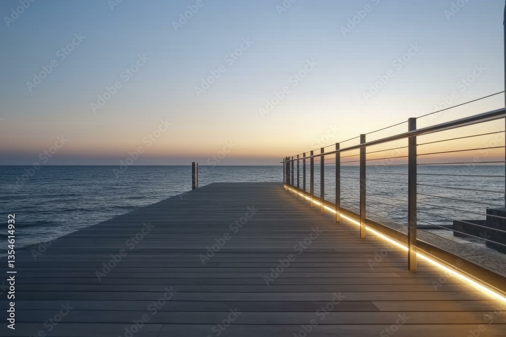 Naklejka premium Dock at sunset on ocean, walkway with modern illuminated railing, beautiful scenery and horizon