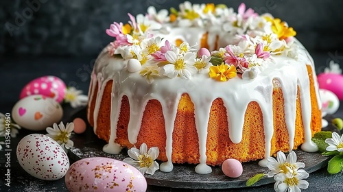 Easter-Themed Decorated Cake with White Glaze and Floral Accents Surrounded by Pastel Eggs on Dark Background. Perfect for Holiday Marketing, Social Media Content, or Bakery Branding Design.