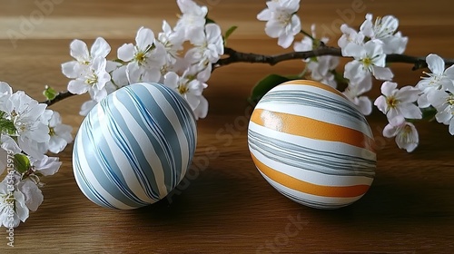 Two Striped Easter Eggs in Blue-White and Gray-Orange on Rustic Oak Table Surrounded by Cherry Blossoms. Spring-Themed Design for E-commerce Listings, Social Media Content, or Seasonal Packaging Conce