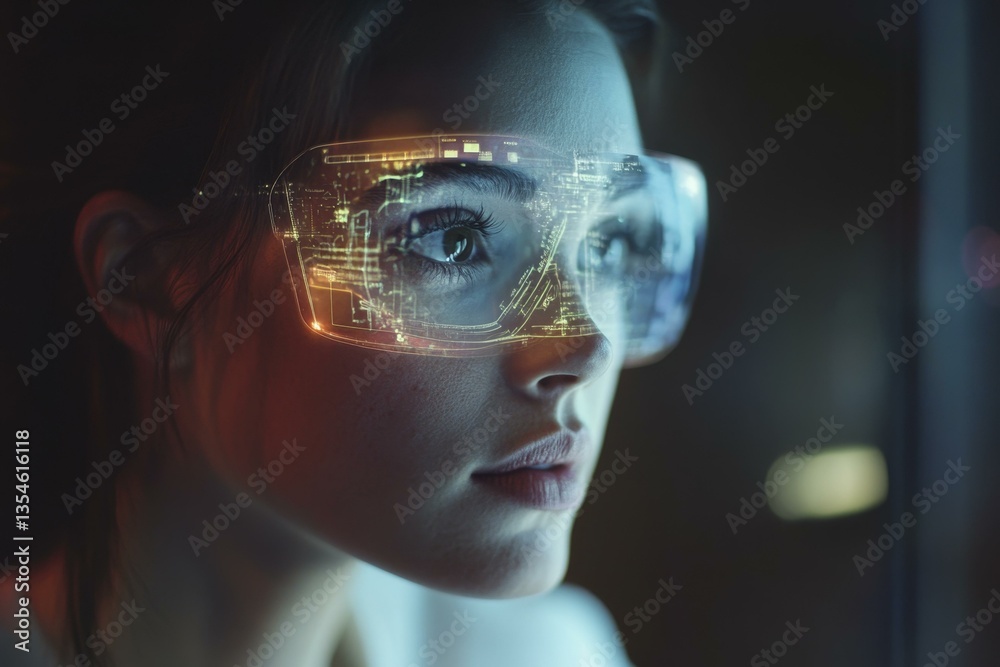 Woman with Augmented Reality Glasses Displaying Digital Circuitry and Data Woman with Augmented Reality Glasses Displaying Digital Circuitry and Data