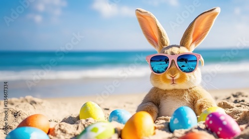  Stylish Easter Bunny Wearing Retro Sunglasses Relaxing on Tropical Beach with Patterned Eggs in Sand. Vibrant Spring Festival Marketing Material for Travel Agencies, Resort Branding, or Family-Friend