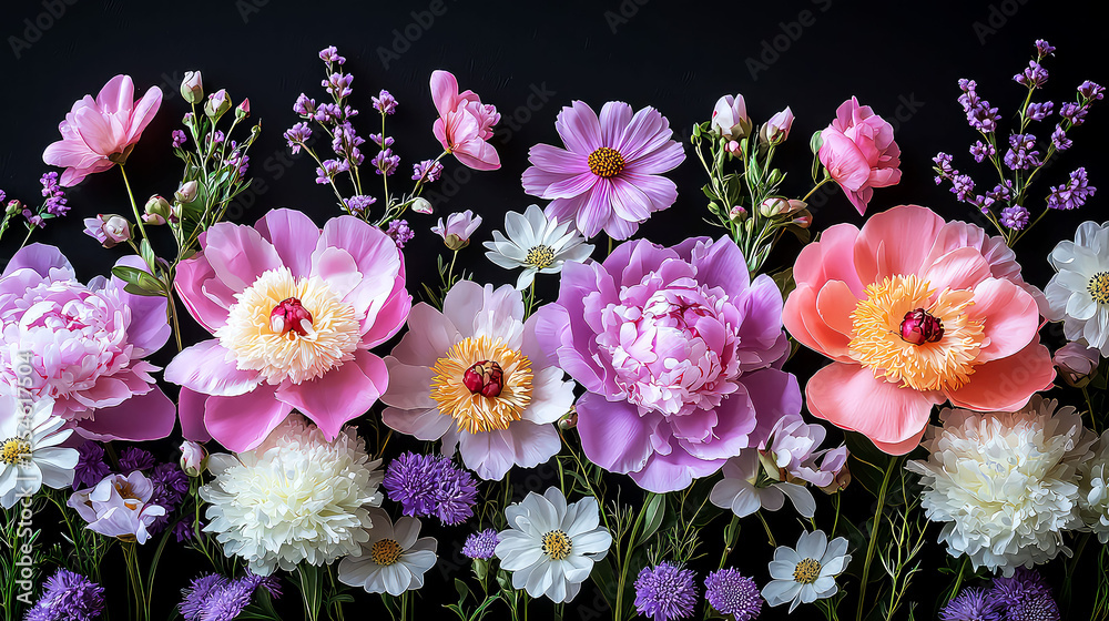 Fototapeta premium Stunning Floral Arrangement: Pink Peonies, Cosmos, and More