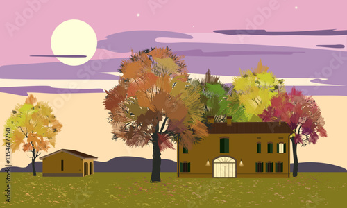 Autumn evening Italian landscape with trees and house against sunset