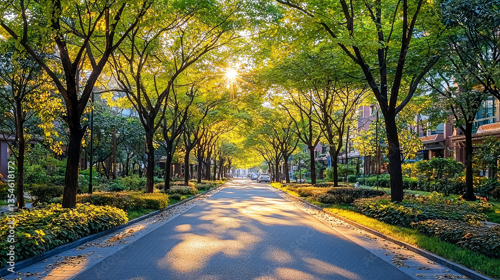 Obraz premium Sunlit Road Through Lush Tree-Lined Street, Residential Area, Peaceful Urban Landscape Photography