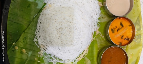  a traditional South Indian dish called Idiyappam,The idiyappam is neatly arranged in a circular pattern and is served on a fresh banana leaf, which enhances its presentation and flavor
