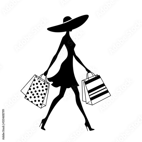 a sleek and fashionable vector graphic of a silhouette of a woman dressed in a flared skirt, wearing high heels and a wide-brimmed hat. The person is walking confidently, holding shopping bags 