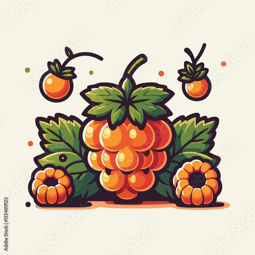 berry, cloudberry, food, natural, nature, healthy, fresh, background, organic, isolated, ripe, juicy, fruit, summer, illustration, orange, green, sweet, vitamin, leaf, nordic, plant, red, forest, tast