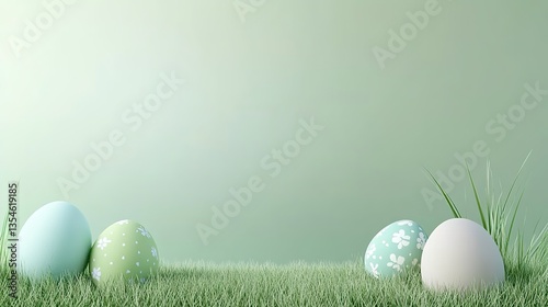 Minimalist Easter Banner with Abstract Grass Shapes and Geometric Eggs on Soft Green Background, Optimized for Text Overlay. Suitable for Branding Projects, Mobile App Interfaces, or Editorial Illustr