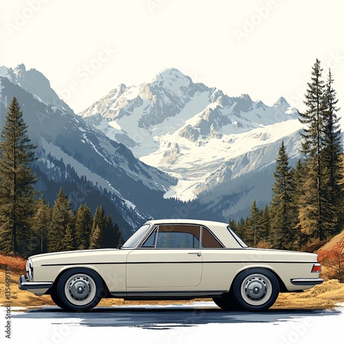 Classic Vintage Car Parked Against Majestic Mountain Scenery with Pine Trees and Clear Blue Sky
