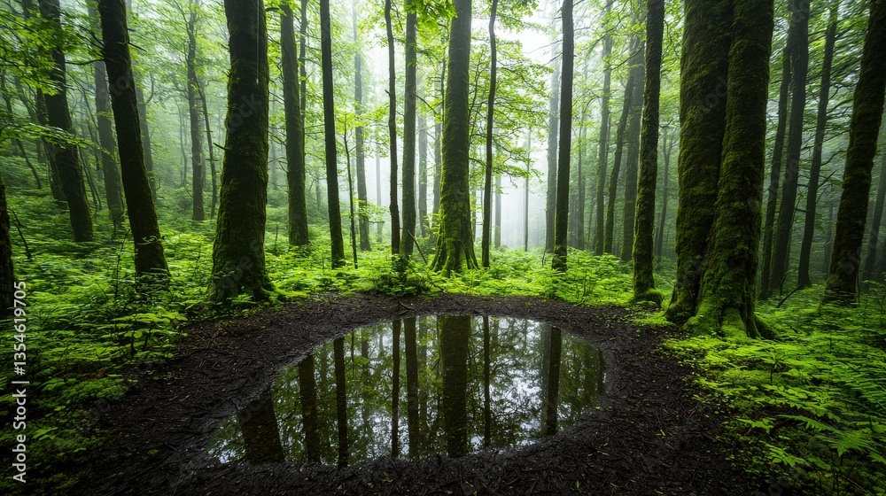 Obraz premium A serene forest scene featuring tall trees, lush greenery, and a calm reflective pool, enveloped in mist, creating a tranquil and mystical atmosphere.