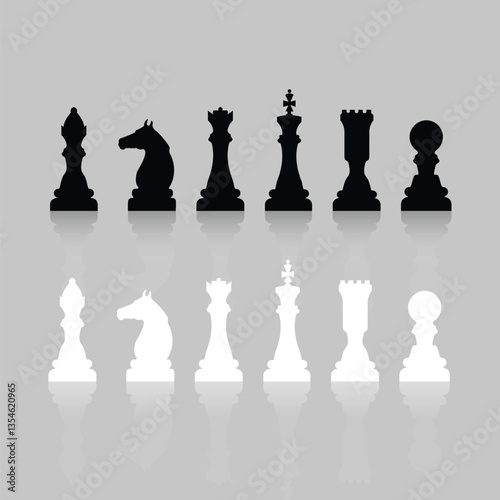 Chess main dice, king queen, horse, in black and white pieces, chess board art, chess background