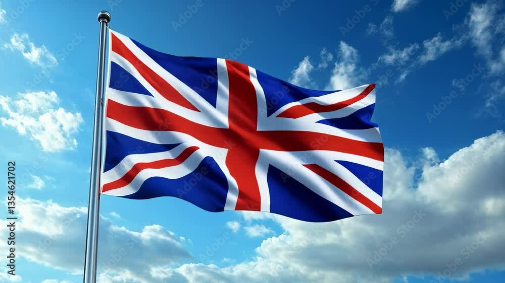 Flying British flag against a clear blue sky with clouds in the background