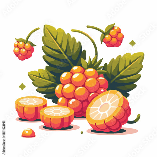 berry, cloudberry, food, natural, nature, healthy, fresh, background, organic, isolated, ripe, juicy, fruit, summer, illustration, orange, green, sweet, vitamin, leaf, nordic, plant, red, forest, tast