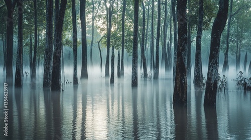 Rising water levels inundate a once-thriving forest, highlighting the consequences of deforestation. Trees stand amidst the flooded ground, showcasing the ongoing ecological disruption