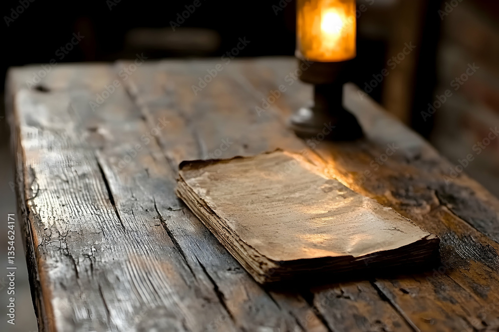 Antique book rests on rustic wooden table, illuminated by warm lamplight, creating a nostalgic and mysterious atmosphere.