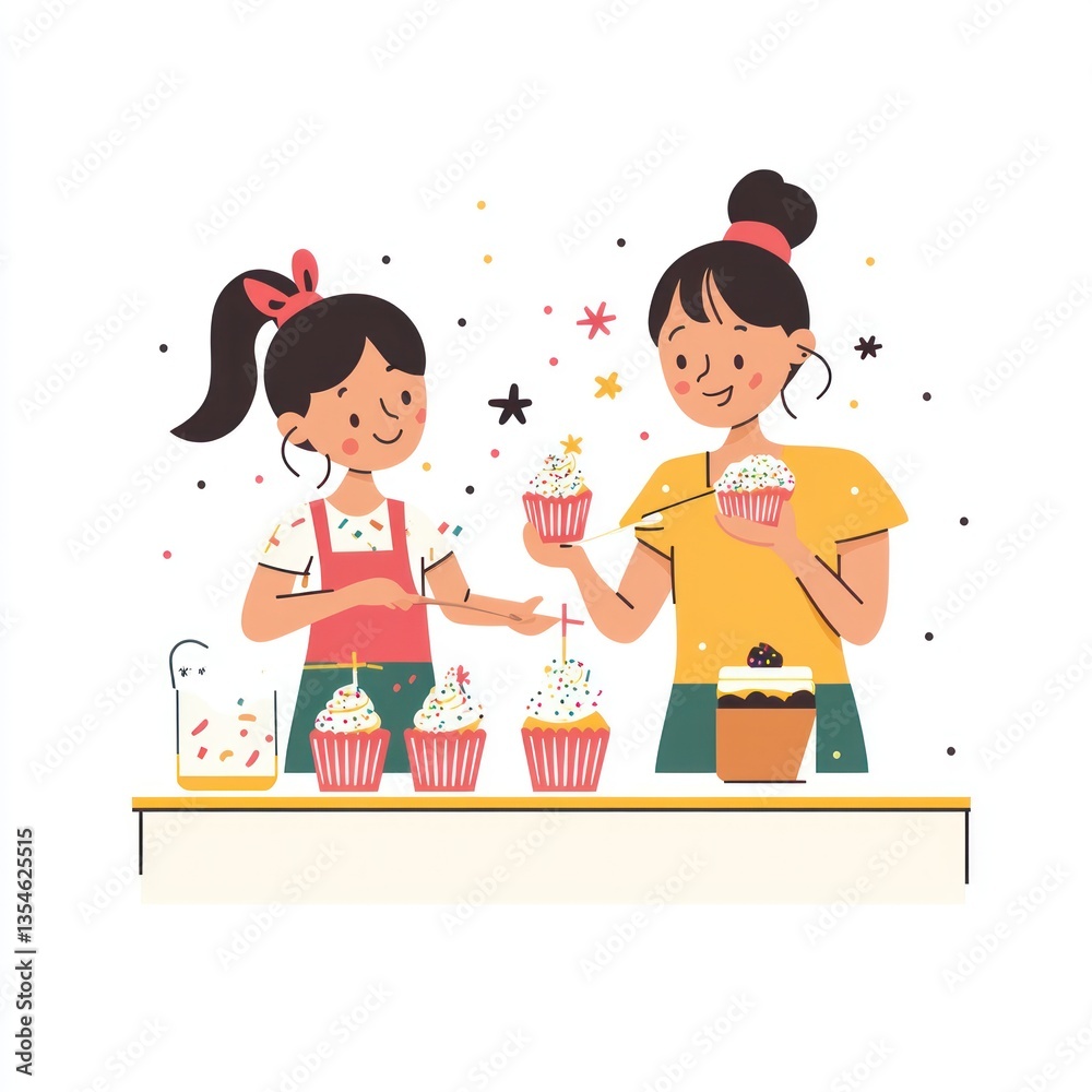 Two girls decorating cupcakes together at a table. Two girls decorating cupcakes together at a table.