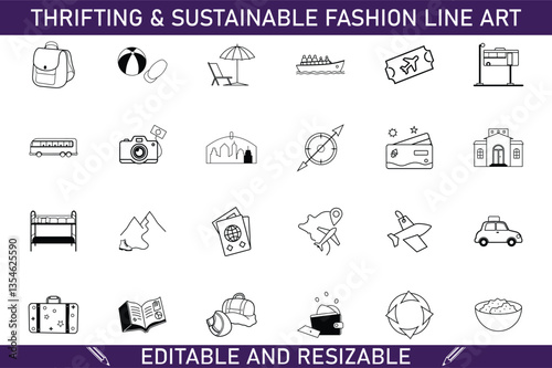 Sustainable Travel, Thrifting, and EcoFriendly Vacation Line Art Icons