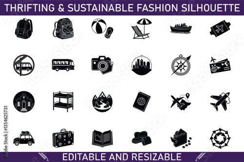 Sustainable Fashion Thrifting Travel Icons Editable and Resizable Silhouettes