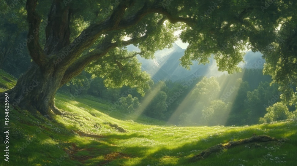 Lush green valley bathed in sunlight, ancient tree Lush green valley bathed in sunlight, ancient tree