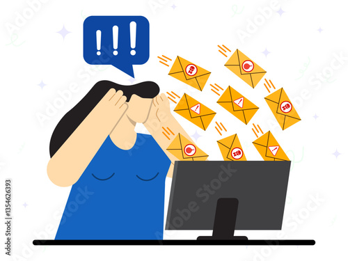 Spam dangerous email concept. A woman is shocked to see her computer full of malicious emails. 