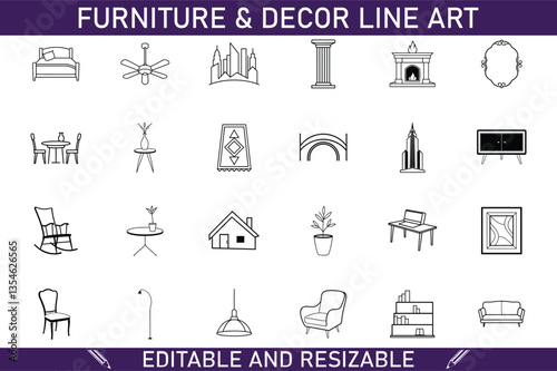 Editable Resizable Furniture Decor Line Art Icons Set Download