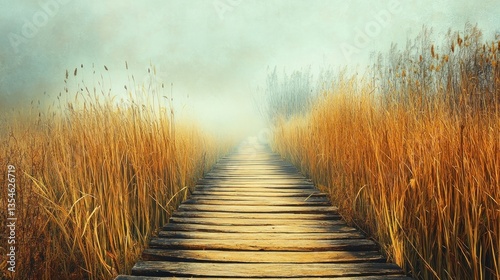 Misty Morning Path: A Serene Wooden Walkway Through Golden Reeds
