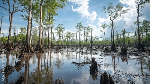 Rising water levels inundate a once-thriving forest, highlighting the consequences of deforestation. Trees stand amidst the flooded ground, showcasing the ongoing ecological disruption