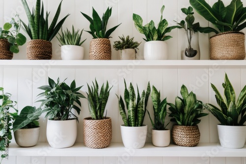 A clean white shelf filled with different types of indoor plants photo