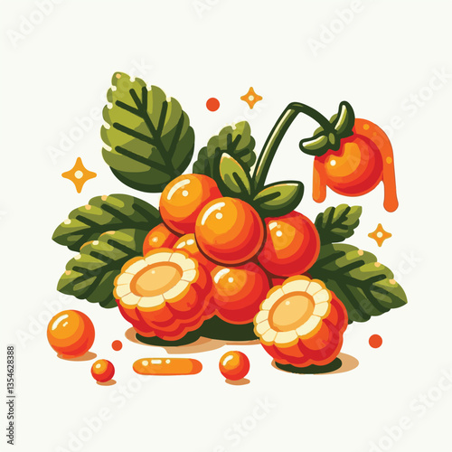 berry, cloudberry, food, natural, nature, healthy, fresh, background, organic, isolated, ripe, juicy, fruit, summer, illustration, orange, green, sweet, vitamin, leaf, nordic, plant, red, forest, tast